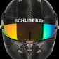  Carbon fiber racing helmet with Schuberth branding on a black background